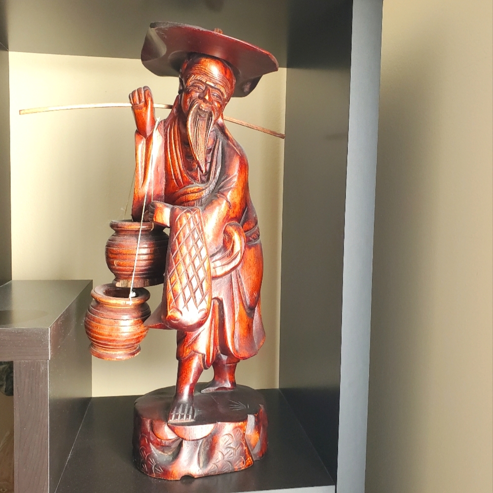 Wood Statue Chinese Fisherman Carrying Water